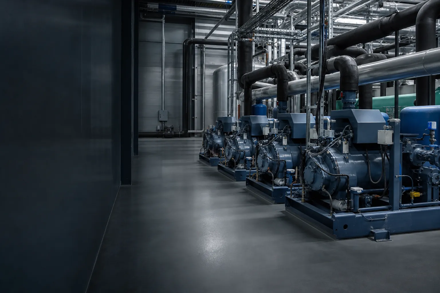 Centrale frigorifera industriale con compressori e tubazioni